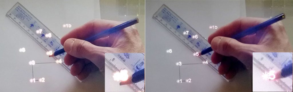These images simulate the focal rivalry problem that users experience when they wear AR headsets. In the image on the left, the camera is focused on the ruler and pencil. On the right, the camera is focused on the numbers projected by the headset.